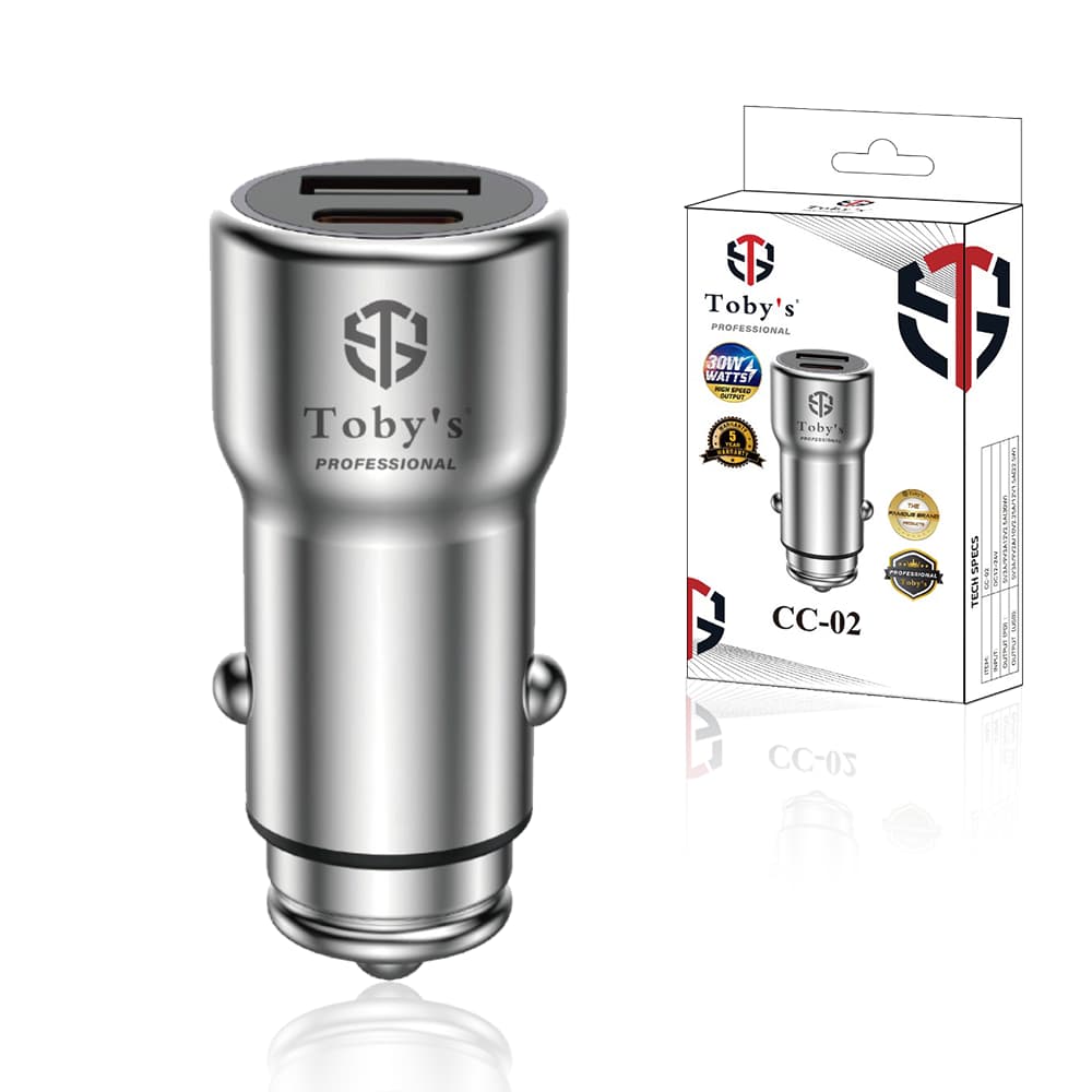 Toby’s CC-02 30W Dual Port Fast Car Charger with USB-C PD & USB-A QC, Zinc Alloy 12V–24V Vehicle Charger