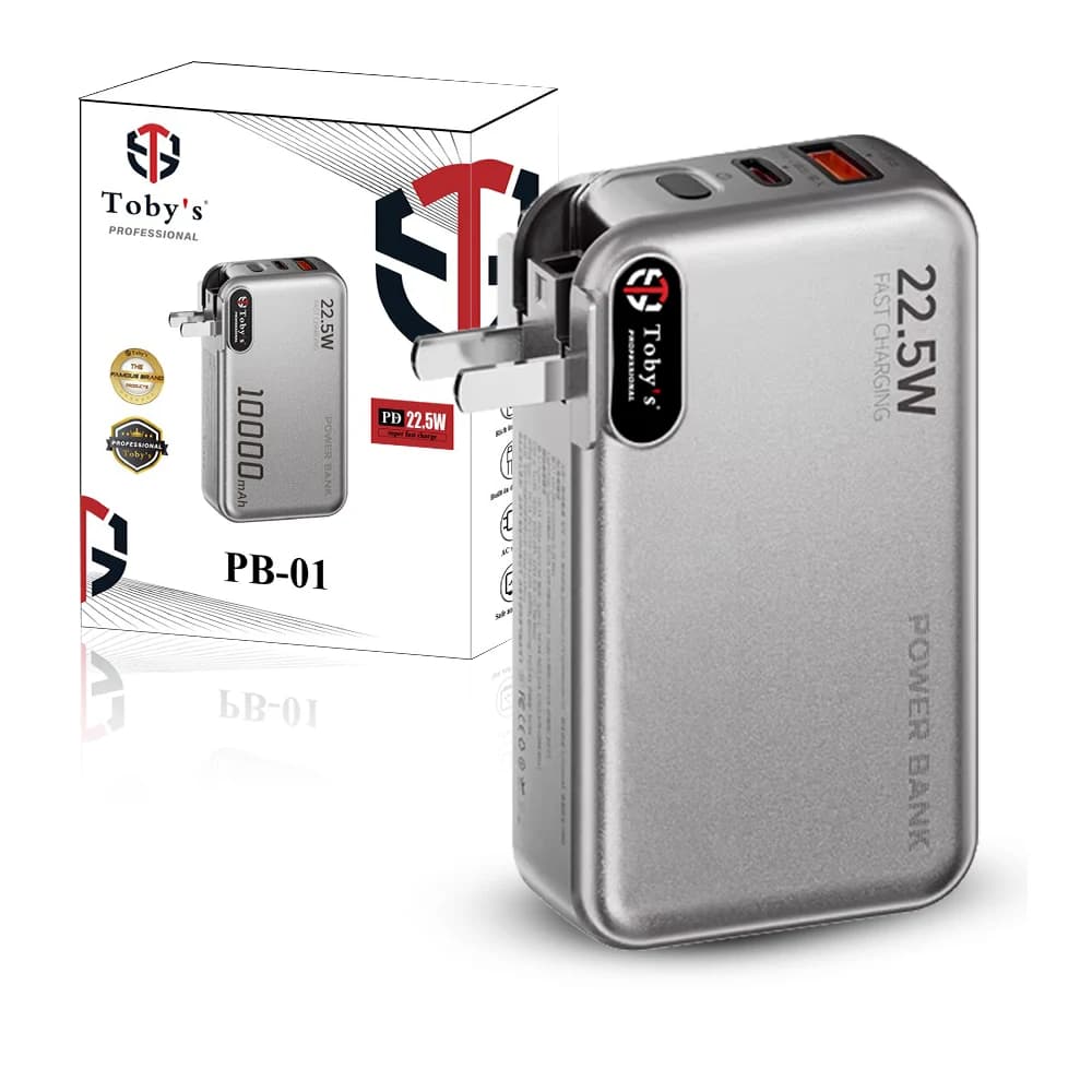 Toby’s PB-01 10000mAh 22.5W Fast Charging 3-in-1 Power Bank with Built-in AC Plug, Lightning & Type-C Cables