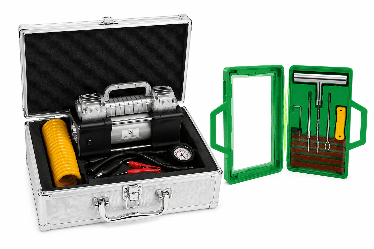 Complete Emergency Tire Repair Kit with Portable Air Compressor in Aluminum Carry Case