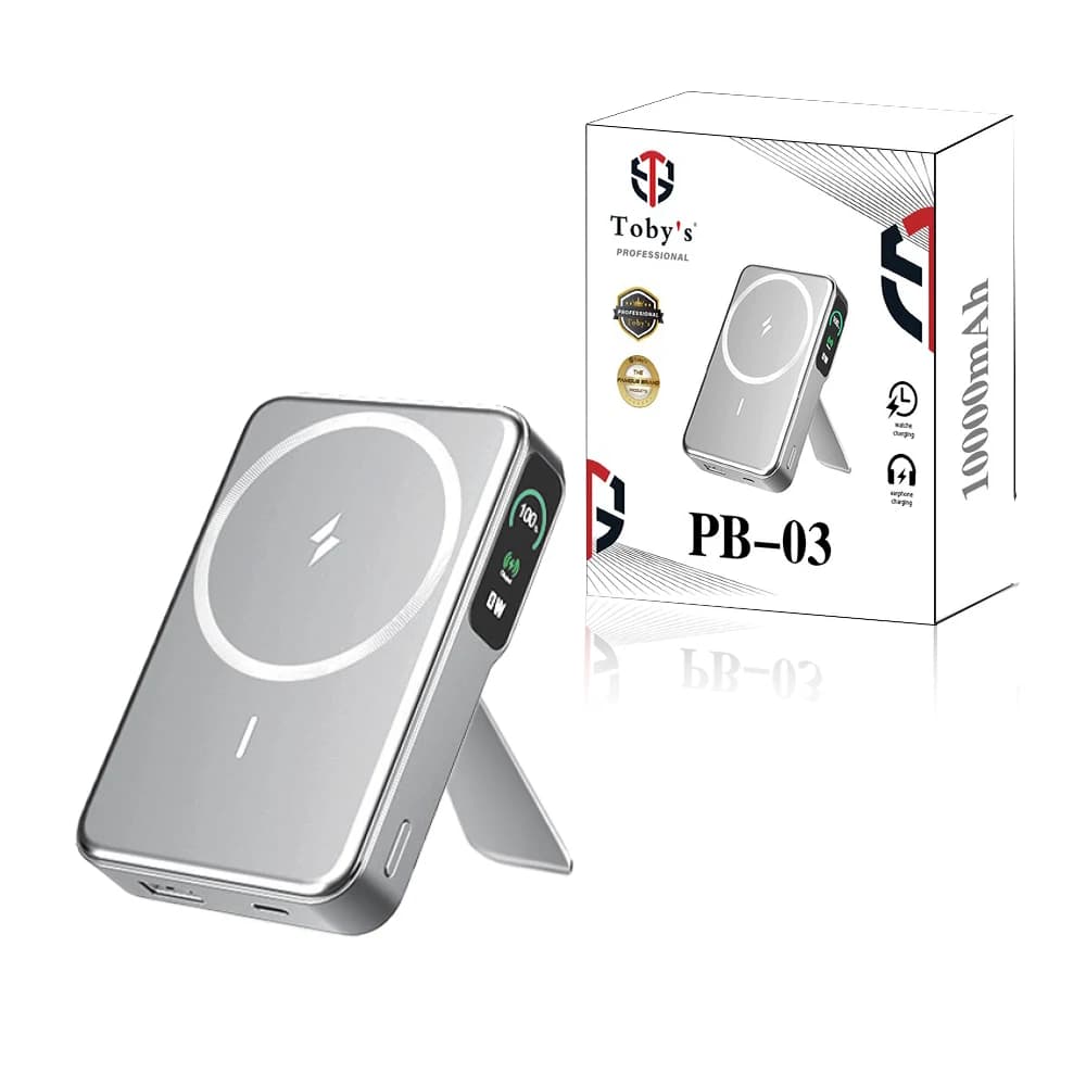 Toby’s PB-03 10000mAh Magnetic Wireless Power Bank 20W Fast Charging with 15W Wireless, Built-in Type-C Cable & Phone Stand