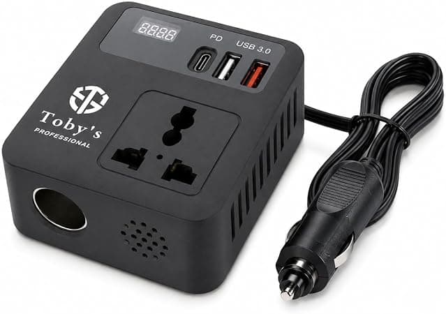 Toby’s Mini 100W Car Power Inverter 12V DC to 220V AC with Type-C, 2 USB-A Ports, QC Fast Charging & 70cm Lighter Cable