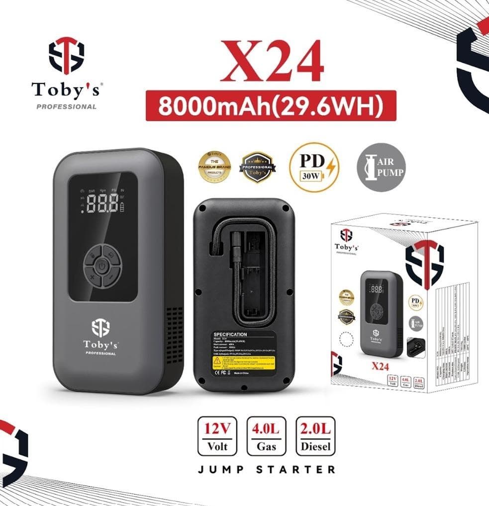 Toby’s X24 1000A Portable Jump Starter & Tyre Inflator 8000mAh with PD 30W Fast Charging for 12V Vehicles