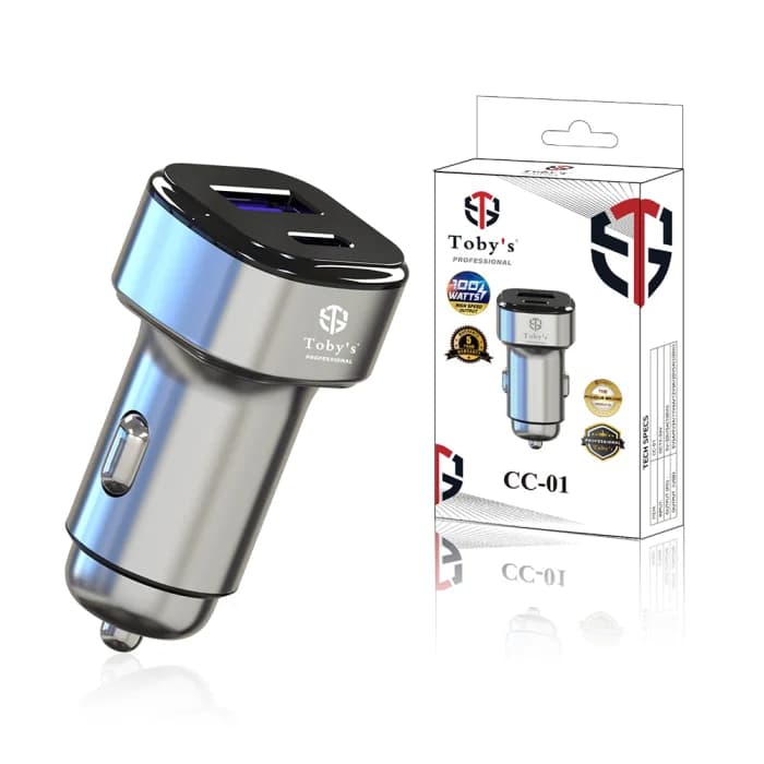 Toby’s CC-01 100W Dual Port Fast Car Charger with USB-C PD & USB-A, 12V–24V Zinc Alloy Vehicle Charger