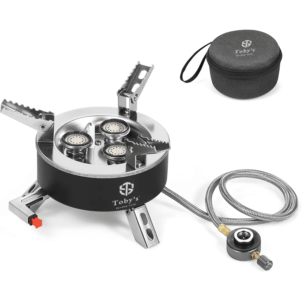Toby’s Stove-06 6800W Portable 3-Burner Camping Gas Stove with Piezo Ignition, Foldable Design & Multi-Fuel Adapters