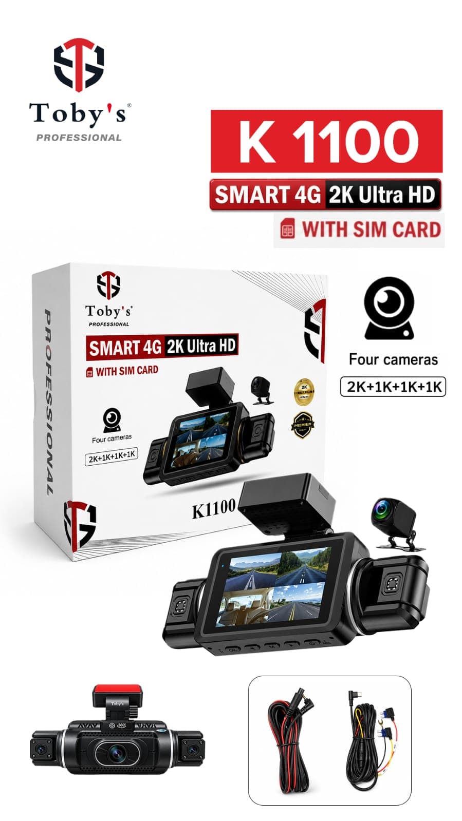 Toby’s K1100 Smart 4G LTE 4-Channel Dash Cam with SIM Card, 2K Ultra HD, GPS Tracking, Remote Live View & 24/7 Parking Guard