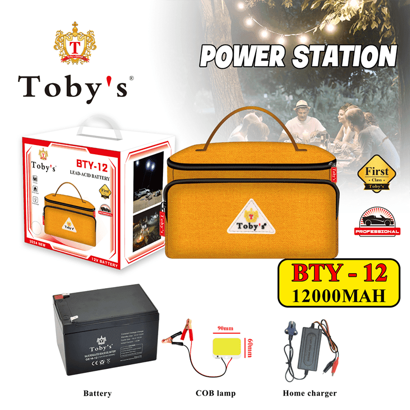 بطارية Toby’s BTY 12A سعة 12000 مللي أمبير 12 فولت قابلة للشحن مع إضاءة COB وشاحن 220 فولت للتخييم والرحلات