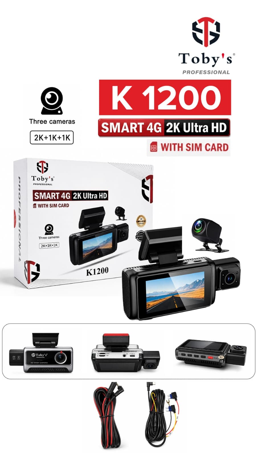 Toby’s K1200 Smart 4G LTE 3-Channel Dash Cam with SIM Card, 2K + 1K + 1K Recording, GPS Tracking & Remote Monitoring