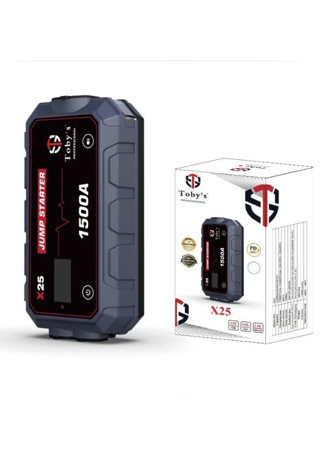 جهاز اشتراك بطارية Toby’s X25 بتيار ذروة 1500A وبطارية 12000mAh مع شحن سريع PD 60W وباور بانك للسيارات 12V