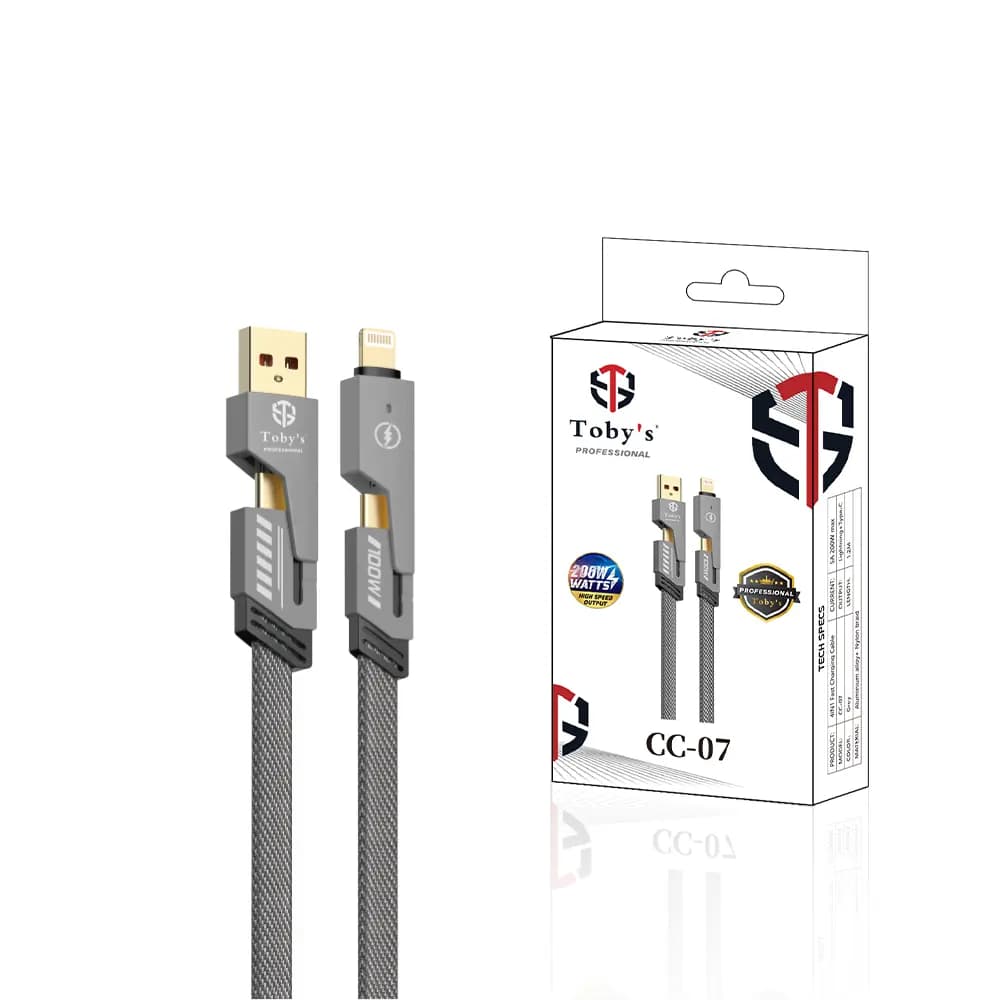 Toby’s Professional CC-07 4-in-1 200W 5A Fast Charging Cable USB-A & USB-C to Type-C & Lightning, 1m Nylon Braided Cable