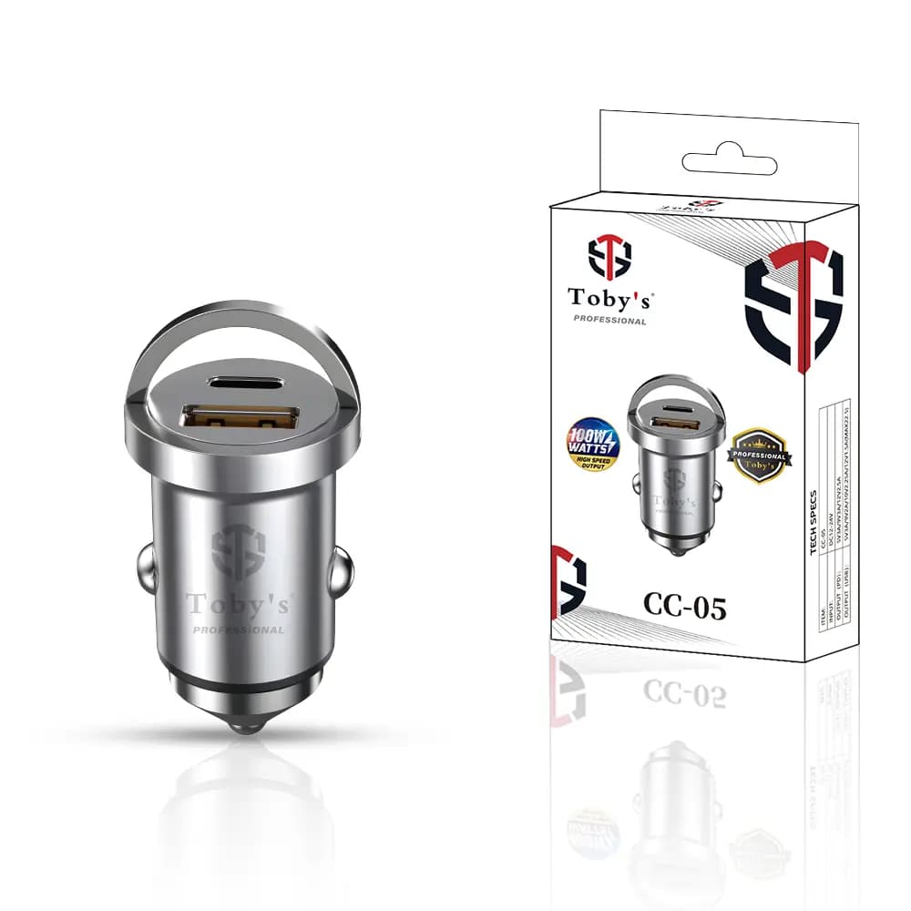 Toby’s Professional CC-05 100W Dual Port Fast Car Charger with USB-C PD & USB-A for 12V–24V Vehicles