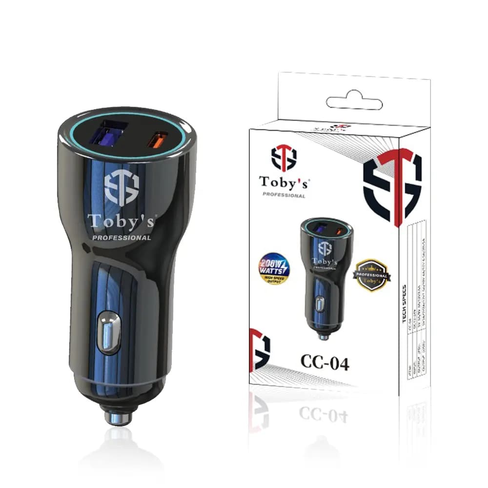 Toby’s Professional CC-04 200W Dual Port Fast Car Charger with USB-C PD, USB-A QC & PPS for 12V–24V Vehicles