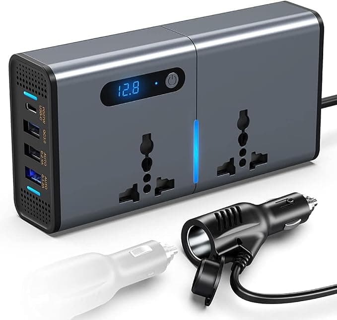 200W Pure Sine Wave Car Inverter 12V DC to 220V AC with 2 AC Sockets, Triple USB, Type-C & Digital Screen