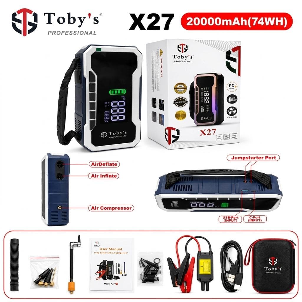 جهاز اشتراك بطارية ومنفاخ هواء Toby’s X27 ببطارية 20000mAh مع نفخ وتفريغ الهواء وشحن سريع PD وباور بانك