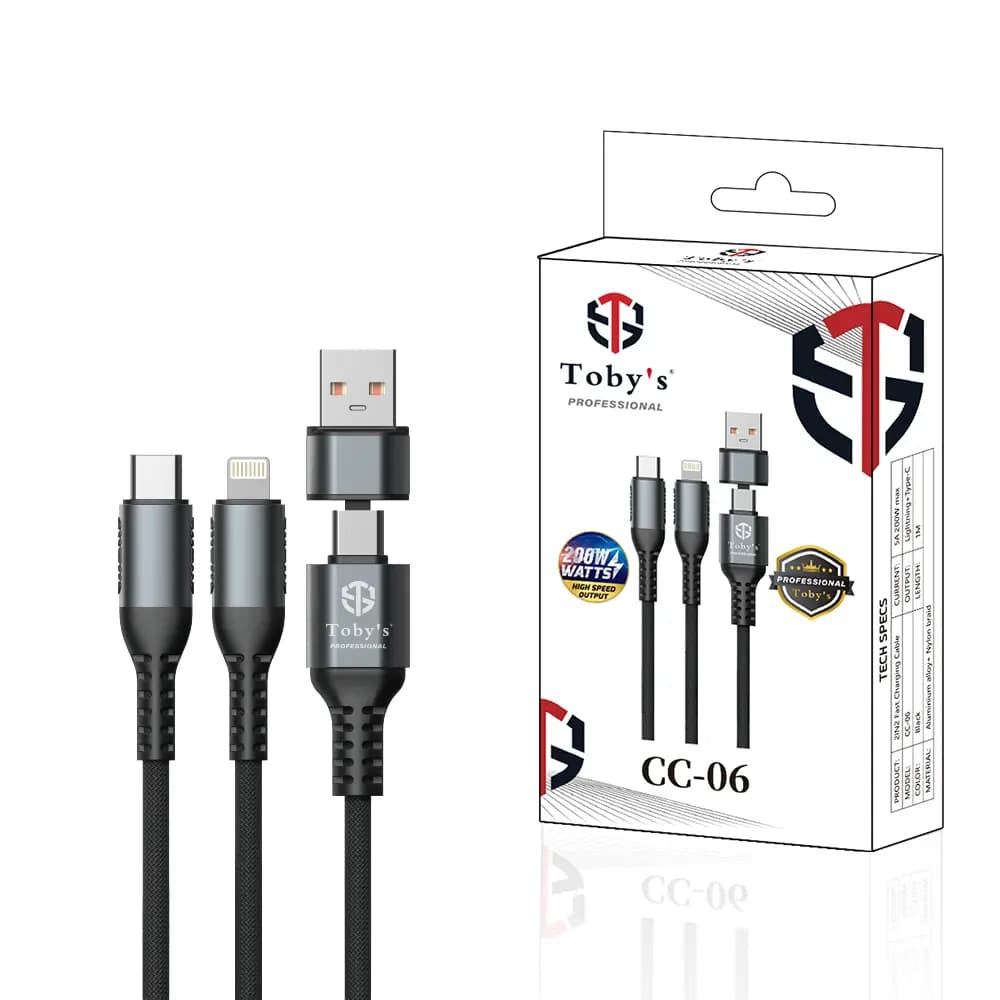 Toby’s Professional CC-06 3-in-1 5A Fast Charging Cable USB-A to USB-C & Lightning, 1m Nylon Braided Cable