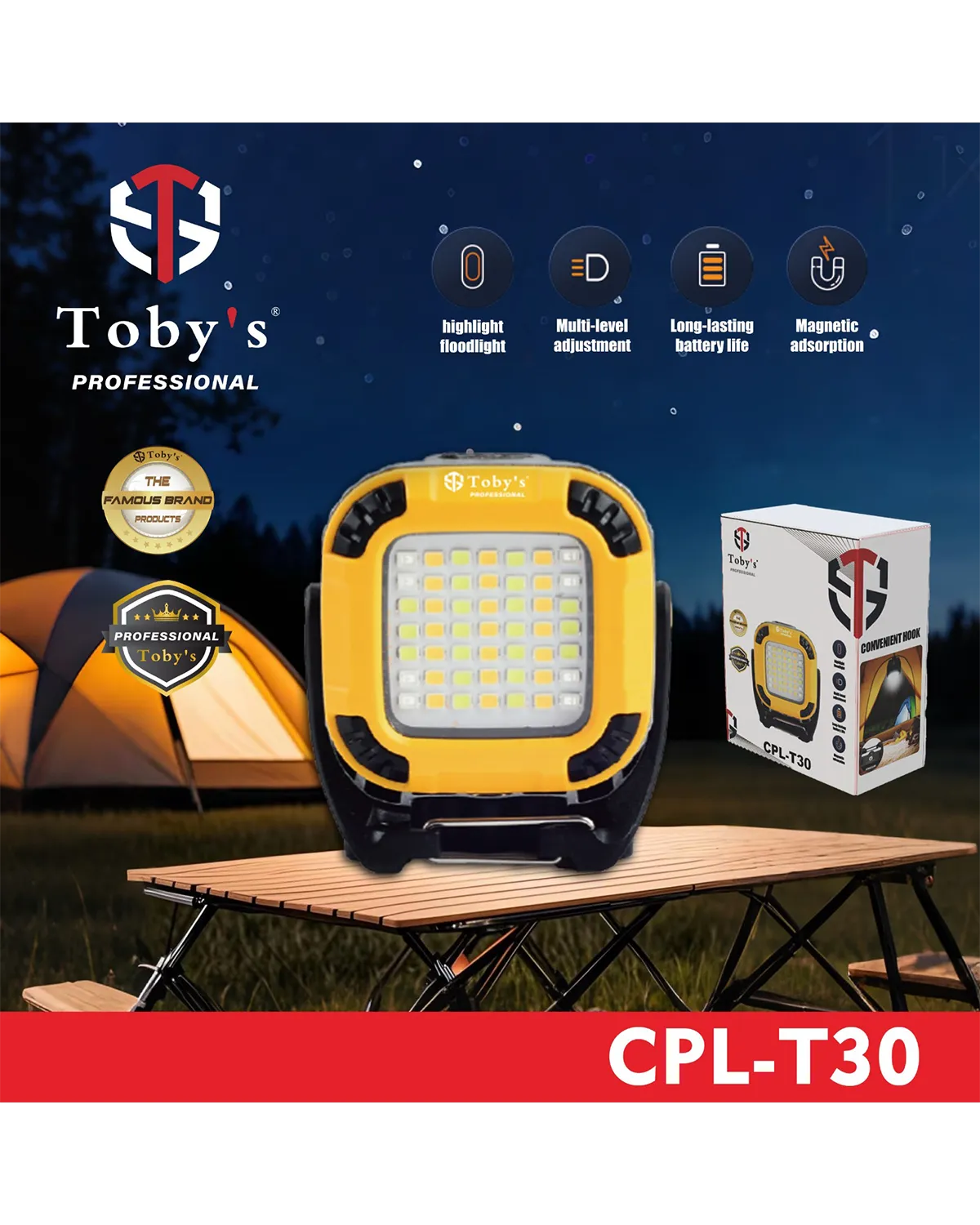 كشاف LED CPL-T30 من Toby's قابل لإعادة الشحن، سطوع عالي، عمر بطارية طويل، تعديل متعدد المستويات، تصميم متين، مثالي للاستخدام في الهواء الطلق-CPL T30