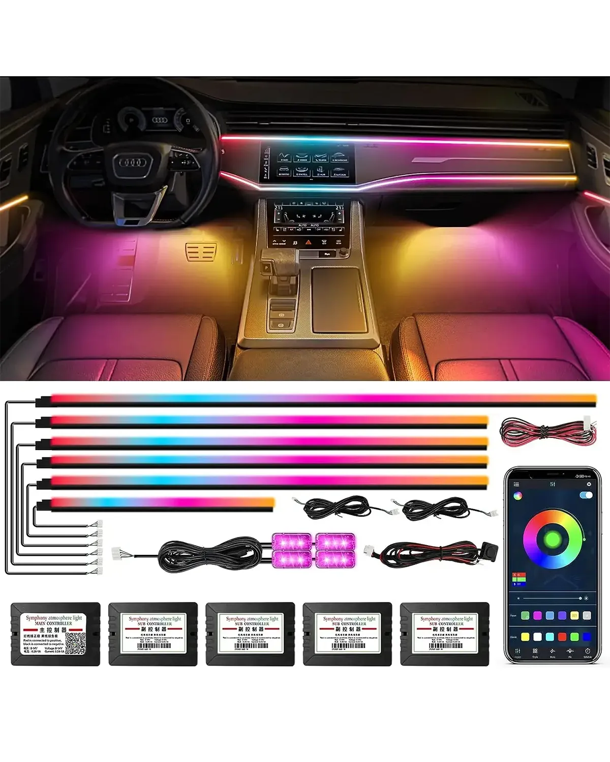 Toby’s Dream color Acrylic Interior Car LED Strip 10 in 1 Light with Wireless APP RGB LEDs Fiber Optic Ambient Lighting Kits 16 Million Colors Sound Active Function Car Neon Lights - DREAM LIGHT-10in1