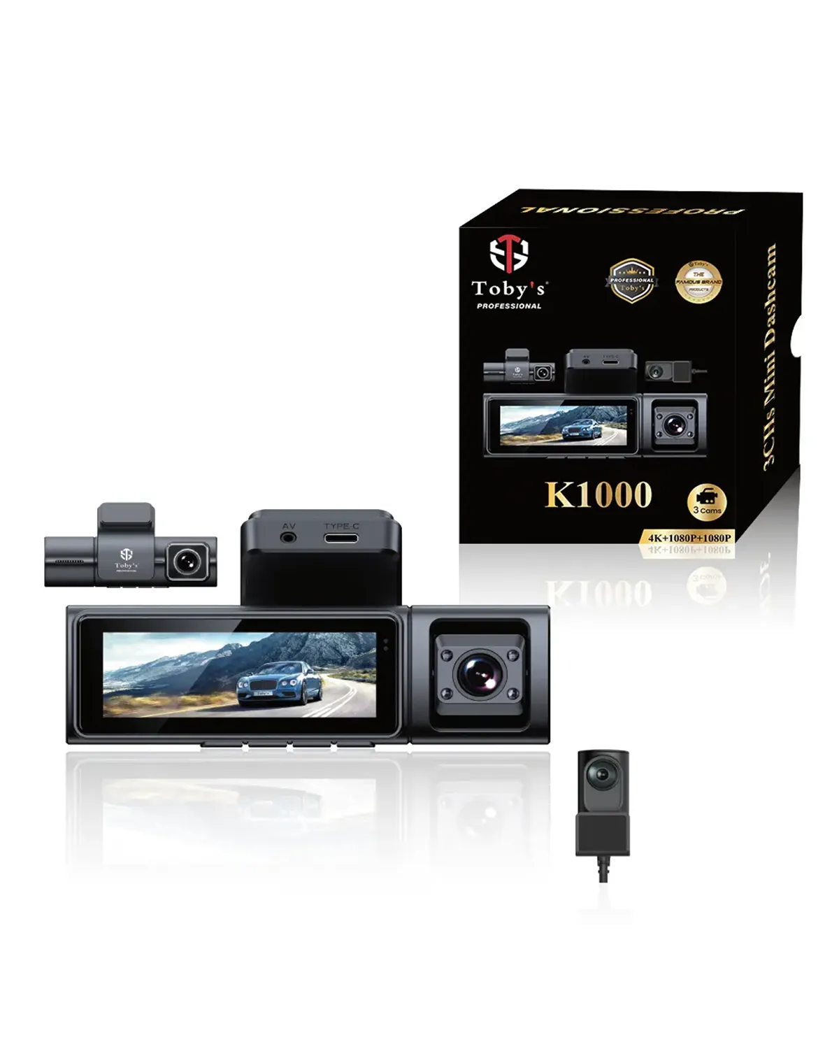 Toby’s K1000 3CHs 4K Mini Dashcam Triple Camera Front, Inside, Rear, 3.2” IPS Screen, WiFi, G-Sensor, Loop Recording, Parking Assist & 256GB Support - DASH CAM K1000